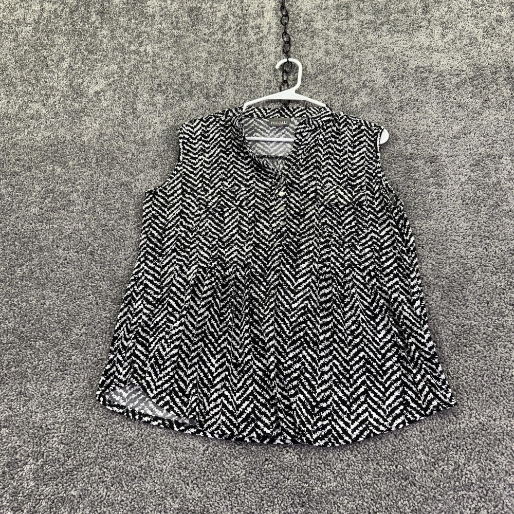 Roz And Ali Top Womens L Black White Geometric Henley Sleeveless Blouse Stretch